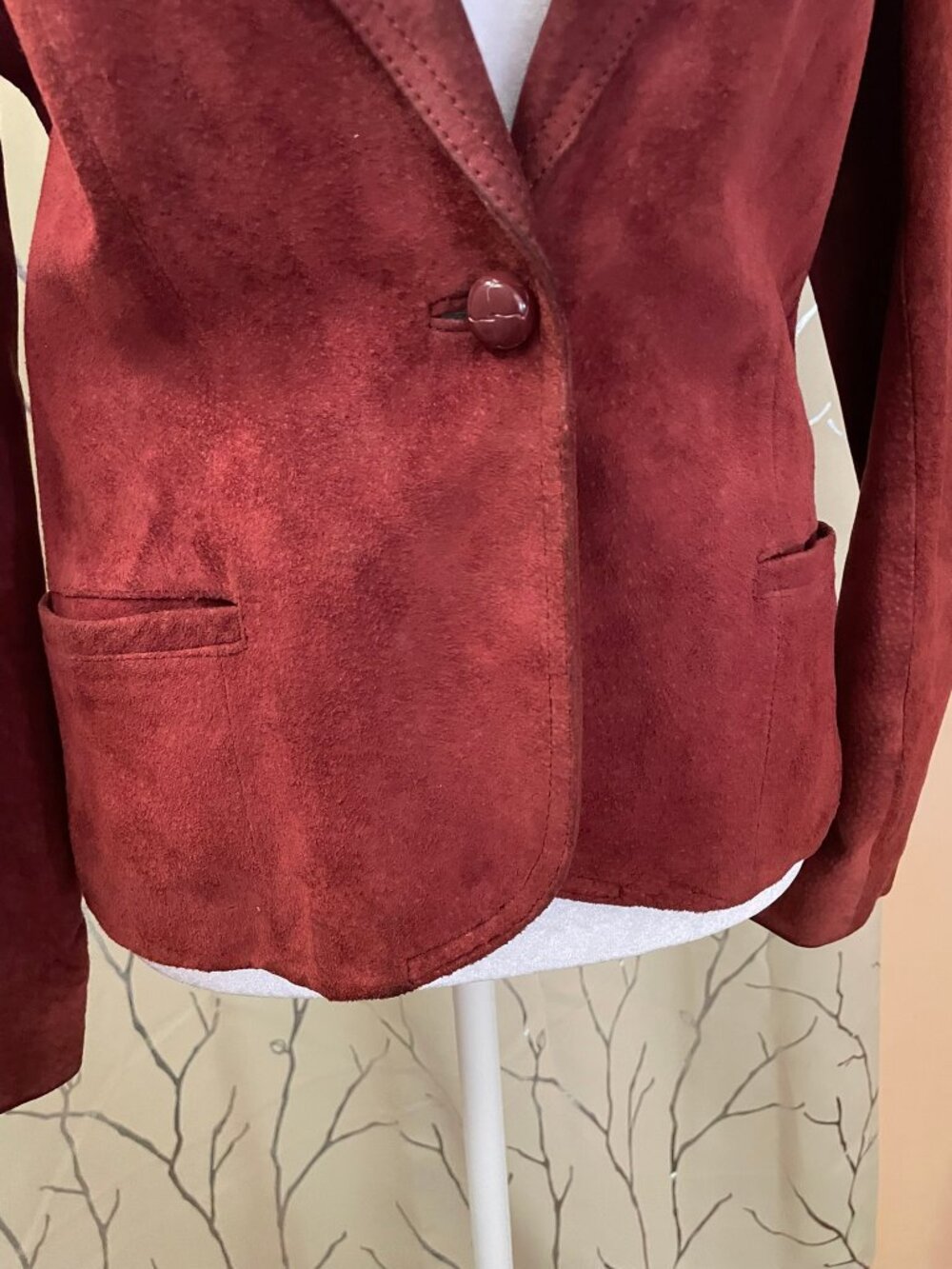 Dark Red Real Suede Leather Blazer Jacket - Picture 8 of 14
